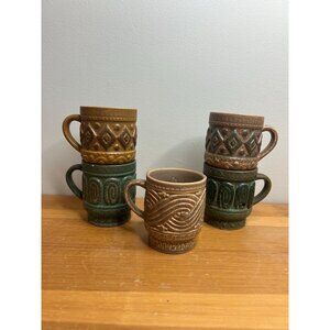 Vintage stoneware mugs cottagecore colourful set of 5 - small flea bites/ chips